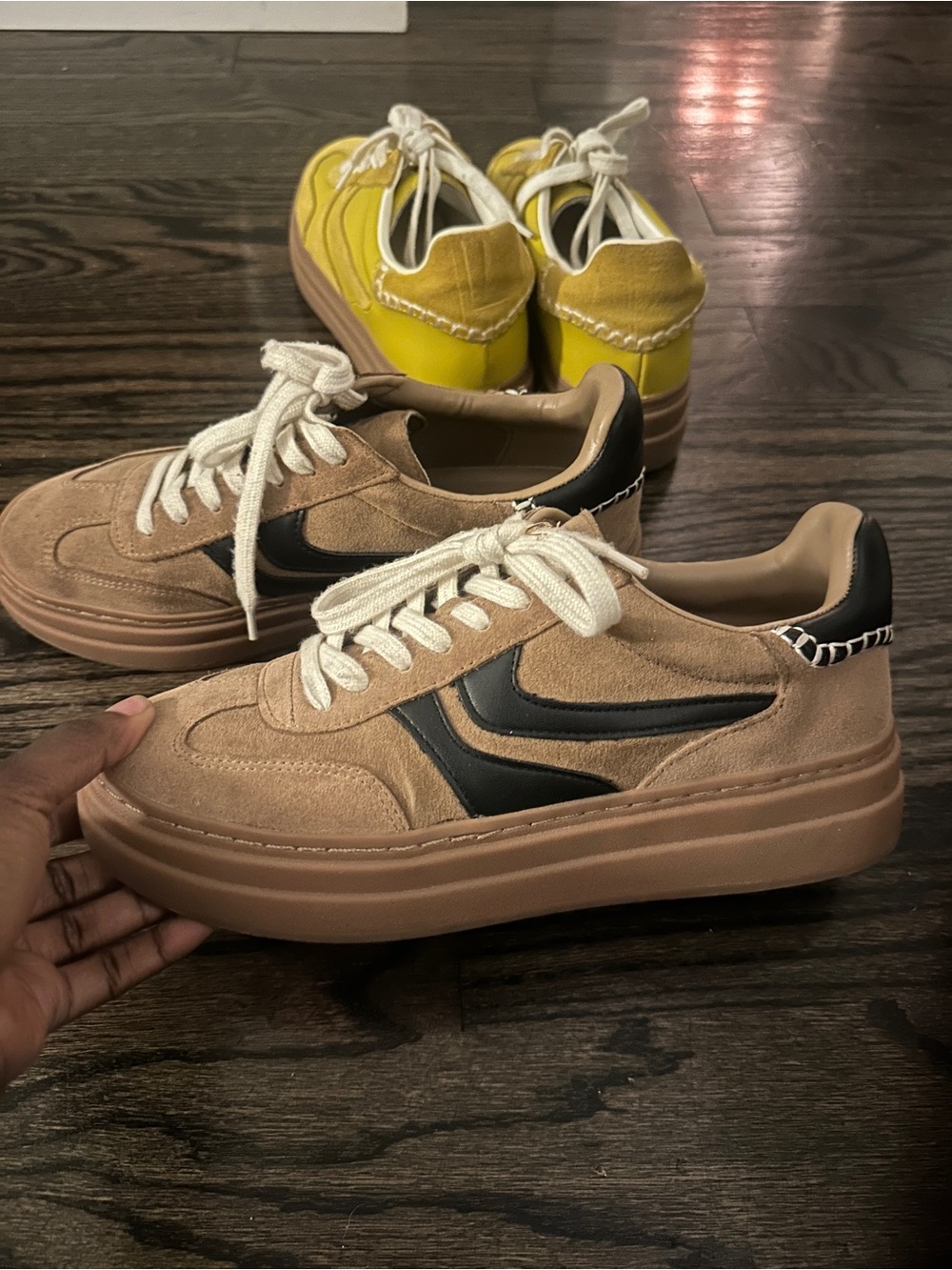 Steve Madden Women's Tan Suede Sneakers with Black Accent